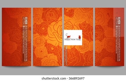 Set of modern vector flyers. Chinese new year background. Floral design with red monkeys, vector illustration