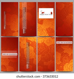 Set of modern vector flyers. Chinese new year background. Floral design with red monkeys, vector illustration