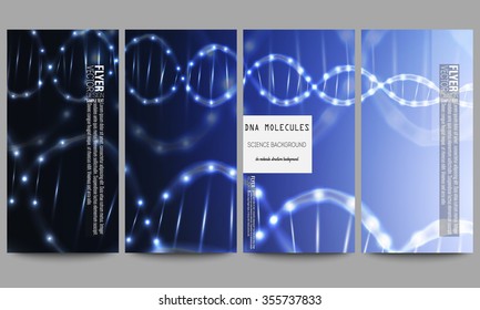 Set of modern vector flyers. DNA molecule structure on dark blue background. Science vector background.