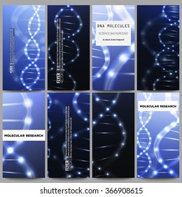 Set of modern vector flyers. DNA molecule structure on dark blue background. Science vector background.