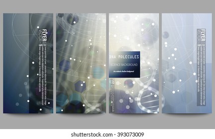 Set of modern vector flyers. DNA molecule structure on dark blue background. Science vector background.