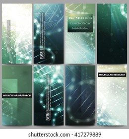 Set of modern vector flyers. DNA molecule structure on dark green background. Science vector background.