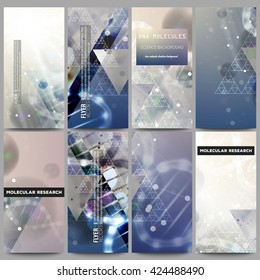 Set of modern vector flyers. DNA molecule structure on dark blue background. Science vector background.