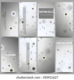 Set of modern vector flyers. Molecular research, illustration of cells in gray, science vector background.