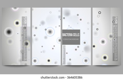 Set of modern vector flyers. Molecular research, illustration of cells in gray, science vector background.