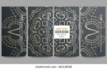 Set of modern vector flyers. Polygonal backdrop with golden connecting dots and lines, connection structure. Digital scientific background