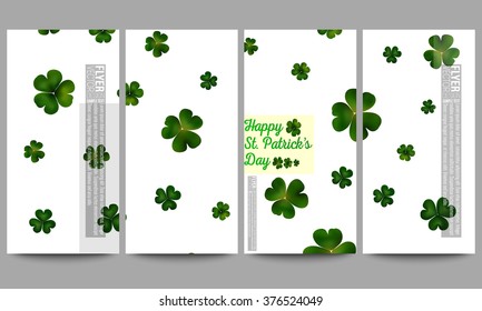 Set of modern vector flyers. St Patricks day vector background, green clovers on white