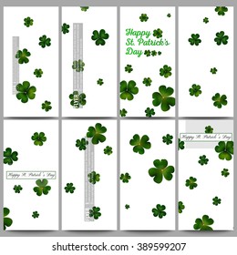 Set of modern vector flyers. St Patricks day vector background, green clovers on white