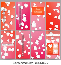 Set of modern vector flyers.  White paper hearts, red vector background for Valentines day