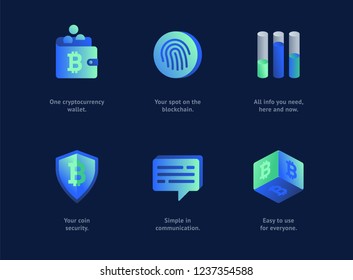 Set of modern vector gradient crypto currency icins on a dark background. For web design, mobile interface design, landing pages, app icons, presentations.  Adaptive size and easy editable colors