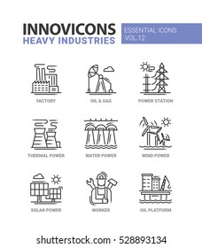Set of modern vector heavy industry line design icons, infographics objects and web elements. Factory, oil and gas, power station, thermal, water, wind, solar power, worker, oil platform