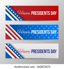 Set of modern vector horizontal banners, page headers with text for Presidents Day. Banners with stripes and stars in the colors of the American flag.