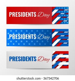 Set of modern vector horizontal banners, page headers with text for Presidents Day. Banners with stripes and stars in the colors of the American flag.