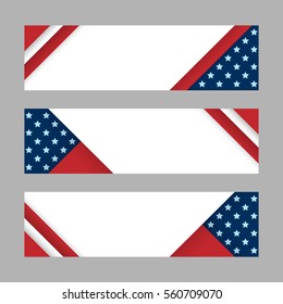 Set of modern vector horizontal banners, page headers with stripes and stars in the colors of the American flag. Material design banners for Presidents day, USA Independence day, national celebrations