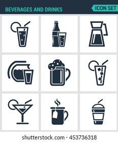 Set of modern vector icons. Beverages and drinks shake, martini, bottle, bar, cocktail, alcohol, glass, soda, juice drink. Black signs on a white background. Design isolated symbols and silhouettes.