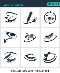 Set of modern vector icons. Care for lashes cosmetics, eyes, eyebrows, eyelashes, pencil, eyeliner, mascara. Black signs on a white background. Design isolated symbols and silhouettes.