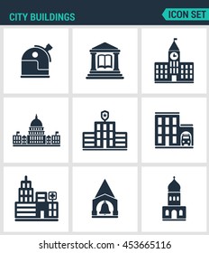 Set of modern vector icons. City buildings observatory, library, school, university, white house, police, fire, hospital, church. Black signs white background. Design isolated symbols and silhouettes.