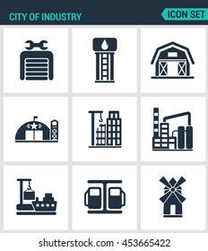 Set Of Modern Vector Icons. City Of Industry Garage, Pumping Station, Farm, Military Base, Home, Building, Plant, Port, Loading, Mill. Black Signs White Background. Design Isolated Symbols.