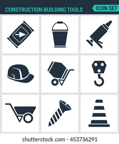 Set modern vector icons. Construction Building tools cement, bucket, silicone, helmet, concrete mixer, crane, tachanka, screw, cone. Black signs white background. Design isolated symbols silhouettes