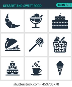 Set of modern vector icons. Dessert and sweet food croissant, dessert, cake, fruit salad, honey, apple, basket, coffee, ice creams. Black signs on white background. Design isolated symbols silhouette.