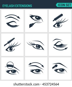 Set of modern vector icons. Eyelash extensions eyelashes, eyes, mascara, eye shadow, eyebrow, eyeliner, increase. Black signs on a white background. Design isolated symbols and silhouettes.