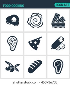 Set of modern vector icons. Food cooking egg, cabbage, bacon, steak, cue, cheese, sausage, olives, loaf, meat. Black signs on a white background. Design isolated symbols and silhouettes