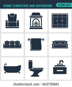 Set of modern vector icons. Home furniture and bathroom armchair, fireplace, wardrobe, sofa, towel, bath, toilet, washbasin. Black signs on a white background. Design isolated symbols and silhouettes.