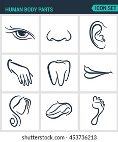 Set of modern vector icons. Human body parts eyes nose, ear, hand, teeth, mouth, head, tongue, foot. Black signs on a white background. Design isolated symbols and silhouettes.