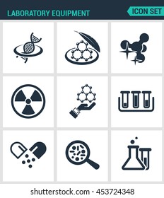 Set modern vector icons. Laboratory equipment formula, dna, molecule, atom, laboratories, technology, germs, microscope, test tubes. Black signs white background. Design isolated symbols silhouettes.