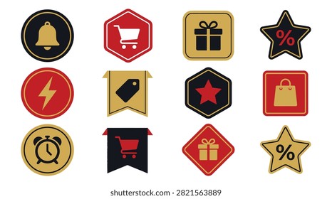 Set of modern vector icons for online shopping, sales, notifications, and gifts. Includes shopping cart, gift box, star, percentage, bag, and alarm clock.