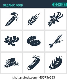 Set of modern vector icons. Organic food asparagus, peas, spike, vanilla, ginger, potato, onion, chicken, cucumber, chili. Black signs on a white background. Design isolated symbols and silhouettes.