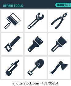 Set of modern vector icons. Repair tools cushion, adjustable wrench, pliers, pliers, saws, brush, stationery knife, shovel, ax. Black signs white background. Design isolated symbols and silhouettes.