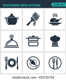 Set of modern vector icons. Restaurant menu kitchen bowler, fork, chicken, dish, pot, cook, plate, cutlery, fish. Black signs on a white background. Design isolated symbols and silhouettes.