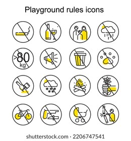 A set of modern vector icons of the rules of use of the playground, prohibiting signs on the playground