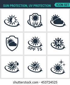 Conjunto de iconos vectoriales modernos. Protección solar, uv, de la luz, protección durante las 24 horas contra el SPF meteorológico. Signos negros sobre un fondo blanco. Diseñar símbolos aislados y siluetas