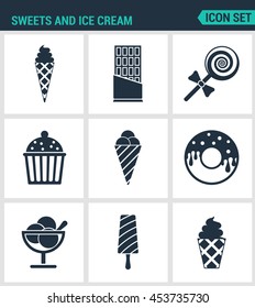 Set of modern vector icons. Sweets and ice cream ice creams, chocolate, candy, cake, Donuts, dessert, popsicle. Black signs on a white background. Design isolated symbols and silhouettes.