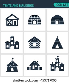 Set modern vector icons. Tents and buildings tent, culture, indian, mandala, arabic, turkish, castle, fort, hut, courtyard. Black signs on a white background. Design isolated symbols and silhouettes.