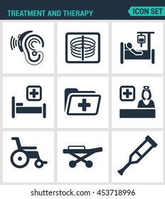 Establecer iconos vectoriales modernos. Instrumento auditivo de tratamiento y terapia, rayos X, cuentagotas, cama, hospital, carpeta, médico, silla de ruedas, muletas, Carriers. Color negro indica fondo blanco. Diseñar símbolos aislados.