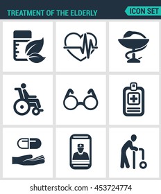 Set modern vector icons. Treatment the elderly medicine, heart palpitations, pharmacy, disabled person, glasses, list pills, phone call, old man. Black signs white background. Design isolated symbols.
