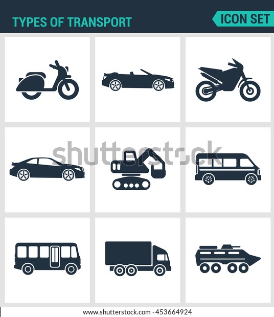 Set of modern vector icons. types of\
transport scooter, convertible, motorcycle, car, tractor,\
eskalator, bus, truck, tank. Black signs on a white background.\
Design isolated symbols and\
silhouettes.