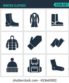 Set of modern vector icons. Winter clothes shoes, coats, boots, jacket, gloves, scarf, hat, bag, sock. Black signs on a white background. Design isolated symbols and silhouettes.