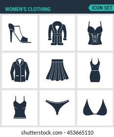 Set of modern vector icons. Women's clothing shoes, coat, jacket, coat, skirt, dress, t-shirt, swimming trunks, brassiere. Black signs on a white background. Design isolated symbols and silhouettes.