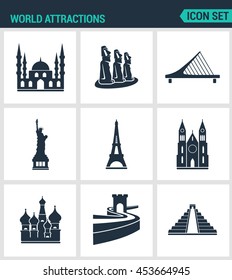 Set of modern vector icons. World attractions Mosque, rapa nui, Bridge, Statue Liberty, Eiffel Tower, Church, Wall, Pyramid. Black signs on a white background. Design isolated symbols and silhouettes.