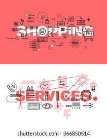 Set of modern vector illustration concepts of words shopping and services. Thin line flat design banners for website and mobile website, easy to use and highly customizable.