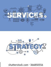 Set of modern vector illustration concepts of words services and strategy. Thin line flat design banners for website and mobile website, easy to use and highly customizable.