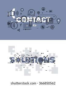 Set of modern vector illustration concepts of words contact and solutions. Thin line flat design banners for website and mobile website, easy to use and highly customizable.