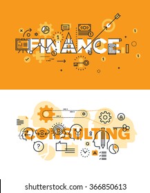 Set of modern vector illustration concepts of words finance and consulting. Thin line flat design banners for website and mobile website, easy to use and highly customizable.