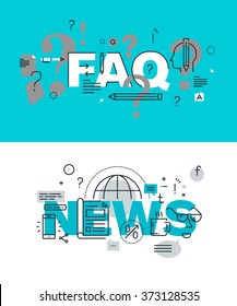 Set of modern vector illustration concepts of words FAQ and news. Thin line flat design banners for website and mobile website, easy to use and highly customizable.