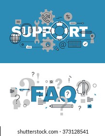 Set of modern vector illustration concepts of words support and FAQ. Thin line flat design banners for website and mobile website, easy to use and highly customizable.