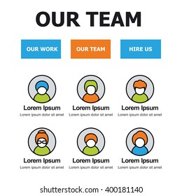 Set of modern vector illustration concepts of words team and contact. Thin line flat design banners for website and mobile website, easy to use and highly customizable.